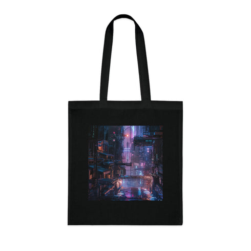 Futuristic Cyberpunk Metropolis Black Cotton Tote Bag - Accessories.