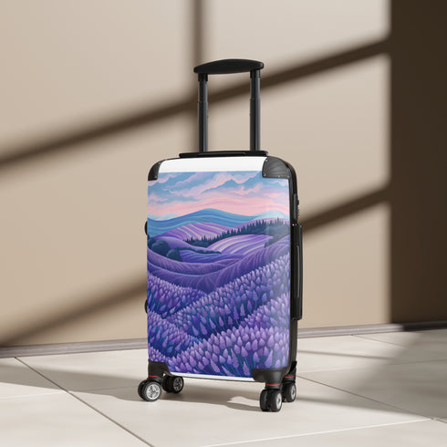 Lavender fields small black suitcase with seamless floral pattern.