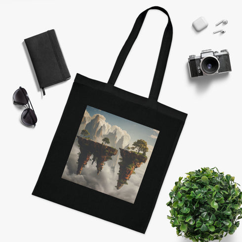 Surreal black cotton tote with floating island landscape design.
