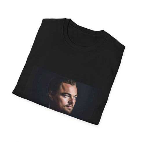 Charcoal crew neck cotton t-shirt featuring captivating Leonardo DiCaprio design