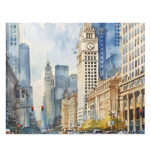 Chicago city skyline watercolor jigsaw puzzle featuring 120 colorful pieces.