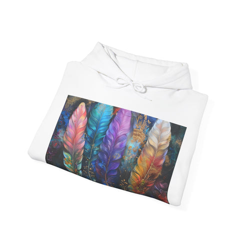 Bohemian navy hoodie with vibrant feather design for adventurers and wanderers.