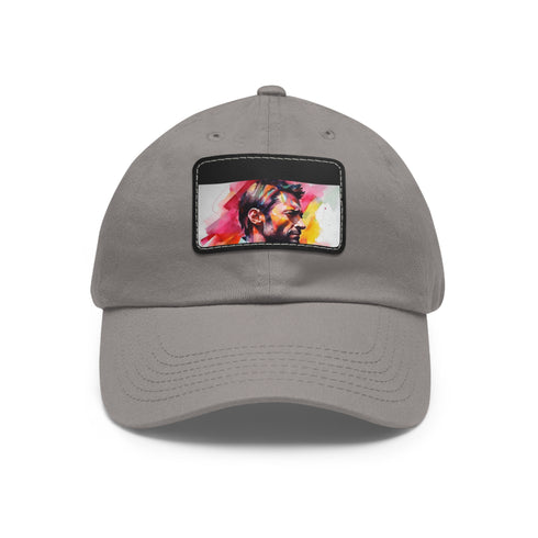 Neon watercolor cap featuring Hugh Jackman, white with light brown patch.