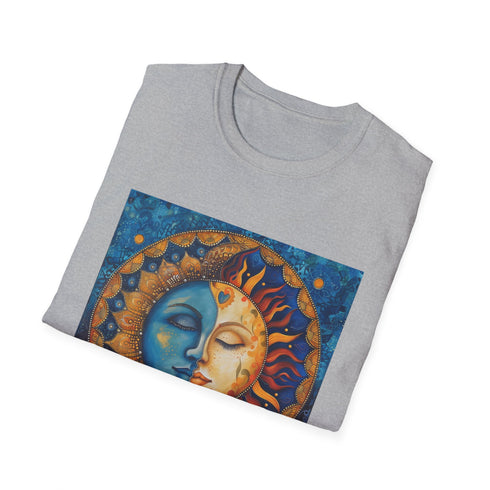 Charcoal mandala t-shirt featuring sun moon graphic soft breathable cotton