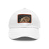 Stylish white cotton hat with light brown patch, rectangular shape.