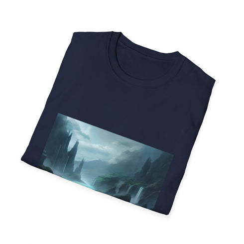 Charcoal crew neck cotton t-shirt featuring fantasy landscape graphic for summer adventures
