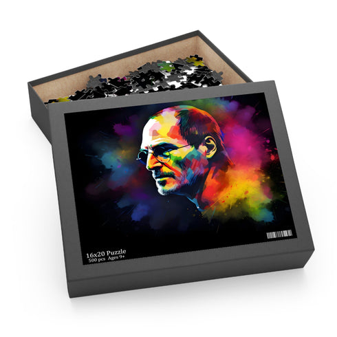 Neon Steve Jobs watercolor puzzle with vibrant colors in 120 pieces.