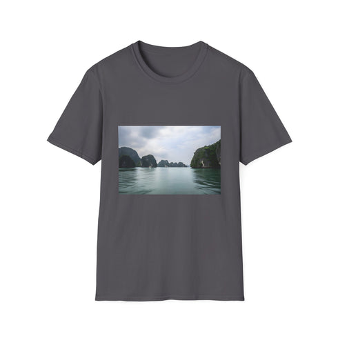 Charcoal cotton T-shirt with serene Halong Bay inspired emerald patterns
