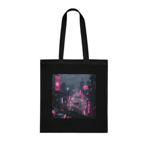 Cyberpunk Black Cotton Tote Bag with Futuristic Neon Cityscape Design