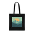 Minimalist black cotton tote bag with serene mountain landscape design.