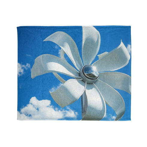 Wind Turbine Shaped Like Flower Petals — Plush Fleece Throw Blanket — Draped Over Sofa & Bed Lifestyle View