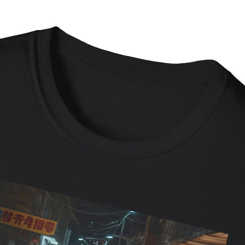 Charcoal cotton T-shirt with vibrant Asian night market print