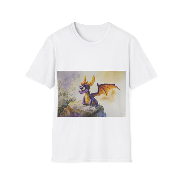 Magical watercolor Spyro tee in charcoal, size S, vibrant dragon artwork.