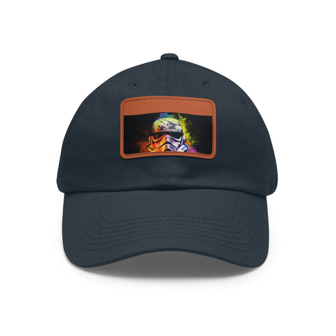 Neon watercolor Storm Trooper baseball hat in white with light brown patch.