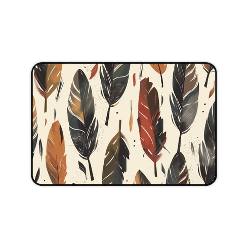 Bohemian feather desk mat in earthy tones for stylish workspaces.