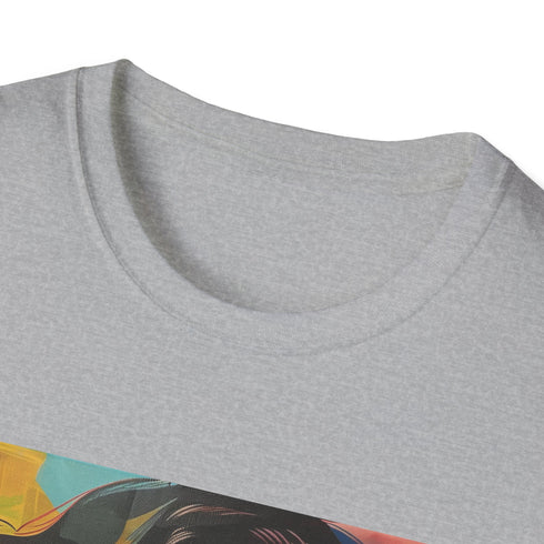 Charcoal pop art portrait t-shirt with bold colors and soft cotton texture