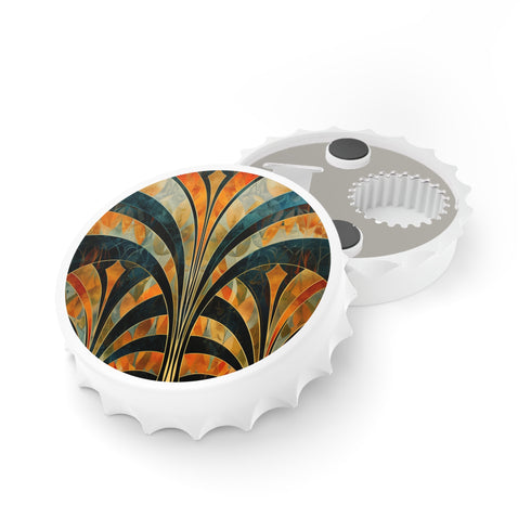 Abstract deco pattern white bottle opener magnet for stylish kitchen accessories.