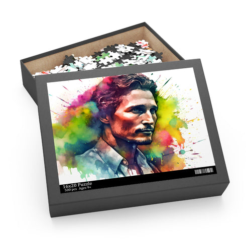 Bright watercolor jigsaw puzzle featuring Neon McConaughey - 120 pieces.