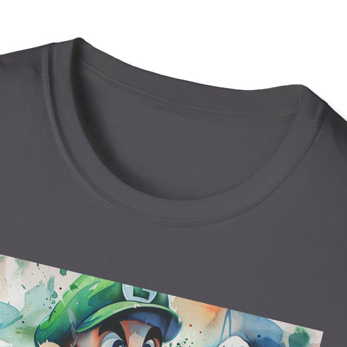 Charcoal crew neck T-shirt with Luigi ghost-hunting Poltergust design