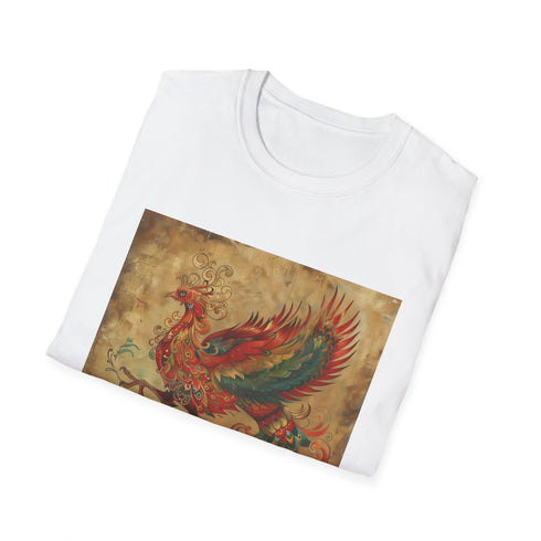 Mythical Phoenix rising from ashes on charcoal t-shirt, unisex sizes.