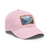 Swiss Alps watercolor baseball cap, white with light brown patch.