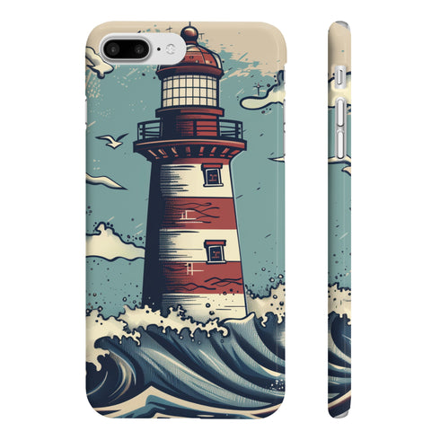 Hand-drawn coastal lighthouse phone case, glossy, slim iPhone 7/8 Plus.