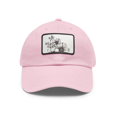 Hand-drawn floral baseball cap with white/light brown rectangle patch.