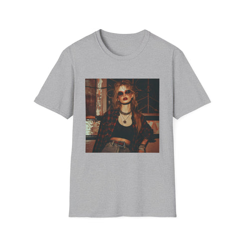 Charcoal grunge-inspired crew neck t-shirt with distressed 90s revival design