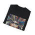 Charcoal cotton t-shirt with vibrant bohemian feather design and crew neck