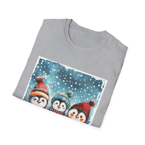 Cozy charcoal cotton t-shirt with cute penguins in winter apparel design