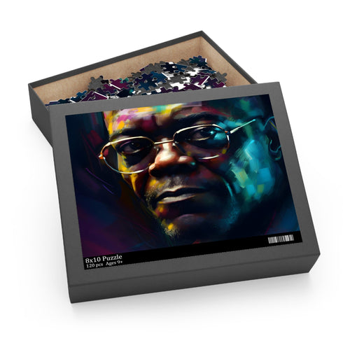 Neon watercolor portrait puzzle featuring Samuel L. Jackson in 120 pieces.