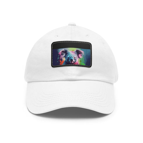 Koala watercolor baseball cap in white with light brown patch.