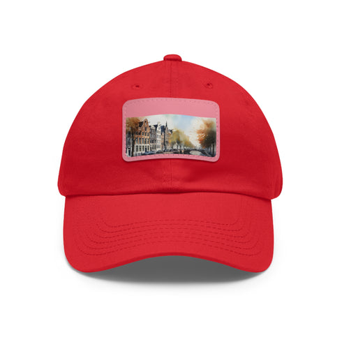 Amsterdam skyline snapback cap in white with light brown patch.