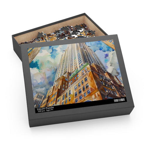Chrysler Building watercolor puzzle, 10" x 8" (120 pcs), New York City skyline.