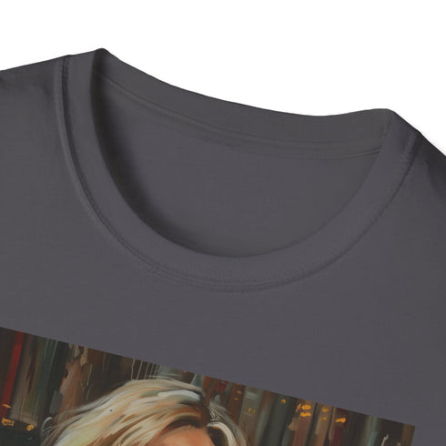 Charcoal cotton T-shirt featuring vibrant portrait of J.K. Rowling painting