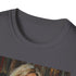 Charcoal cotton T-shirt featuring vibrant portrait of J.K. Rowling painting