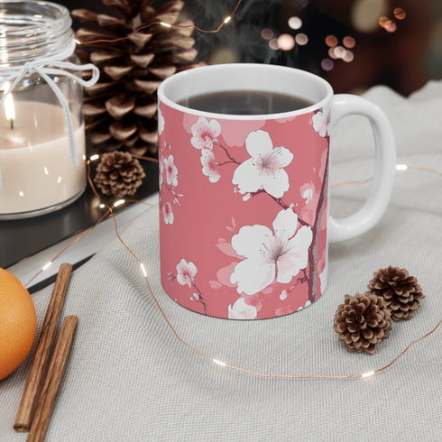 Pink and white cherry blossom ceramic mug for elegant coffee sipping.