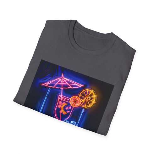 Charcoal crew neck t-shirt with neon tropical cocktail design