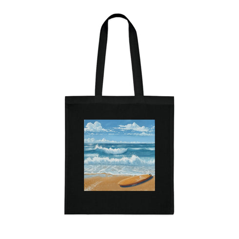 Catch a Wave Tote Bag in Black Cotton Surfboard Design