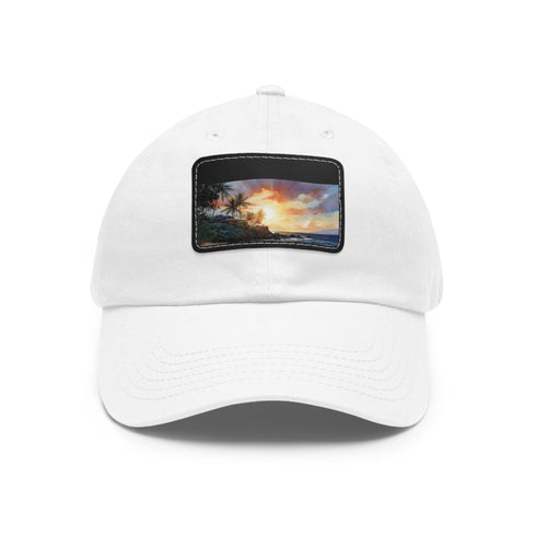 Hawaiian Sunset Paradise Cap in White with Light Brown patch, Rectangle
