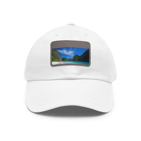 Island Paradise Baseball Cap in White with Light Brown Rectangle Patch