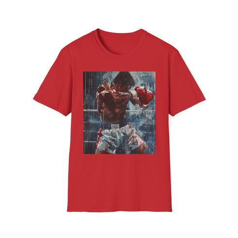 Charcoal cotton crew neck t-shirt with boxer portrait graphic.