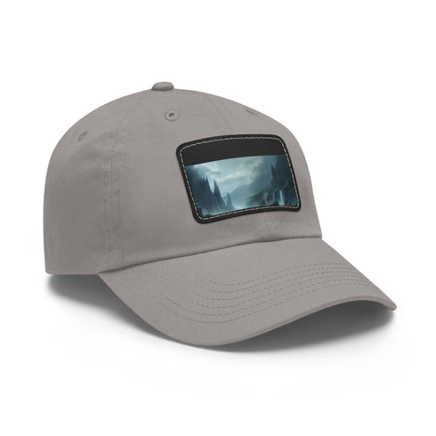 White baseball cap with light brown rectangle patch, mystical landscape design.