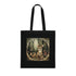 Cotton black tote bag with whimsical forest creatures pattern.