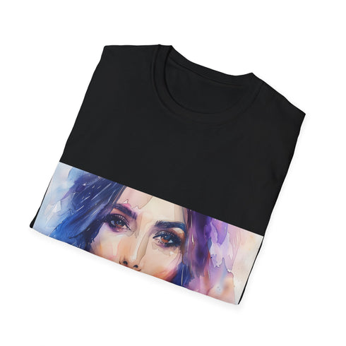 Charcoal cotton crew neck t-shirt showcasing a vibrant watercolor design