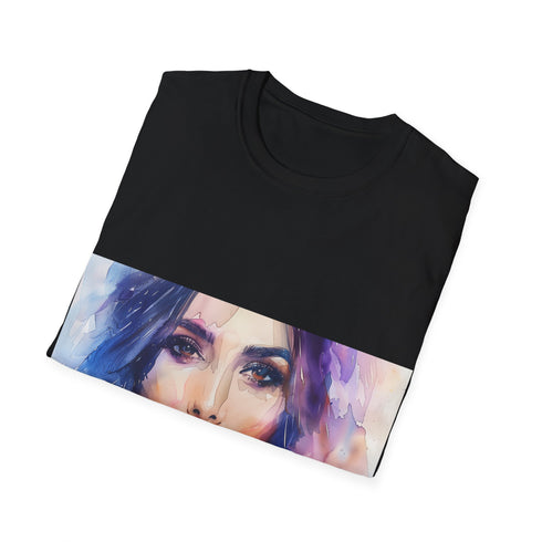 Charcoal cotton crew neck tee with striking watercolor design