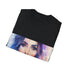 Charcoal cotton crew neck tee with striking watercolor design