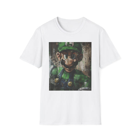 Charcoal cotton T-shirt featuring vibrant whimsical Luigi portrait design