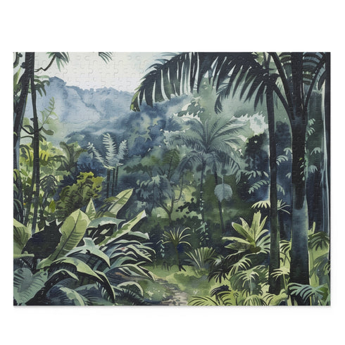 Vibrant watercolor puzzle featuring Congo rainforest scenery and exotic wildlife.