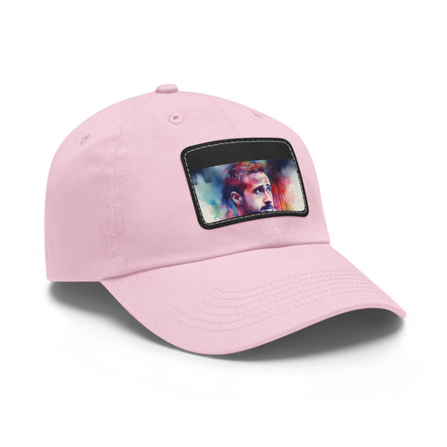 Ryan Gosling baseball cap in white with light brown patch.